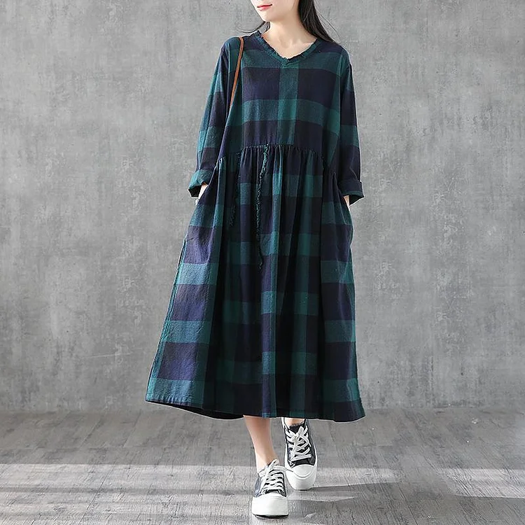 Classy blackish green plaid cotton linen clothes v neck patchwork long Dresses