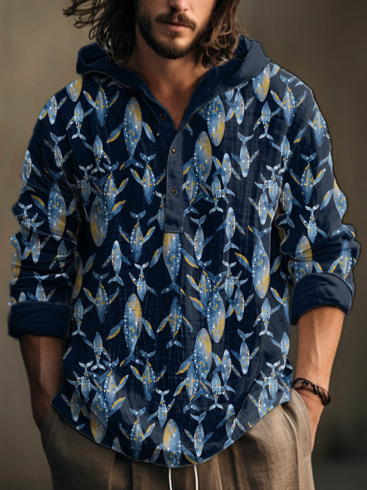 menweary Blue Whales Pattern Cozy Linen Blend Hooded Shirt