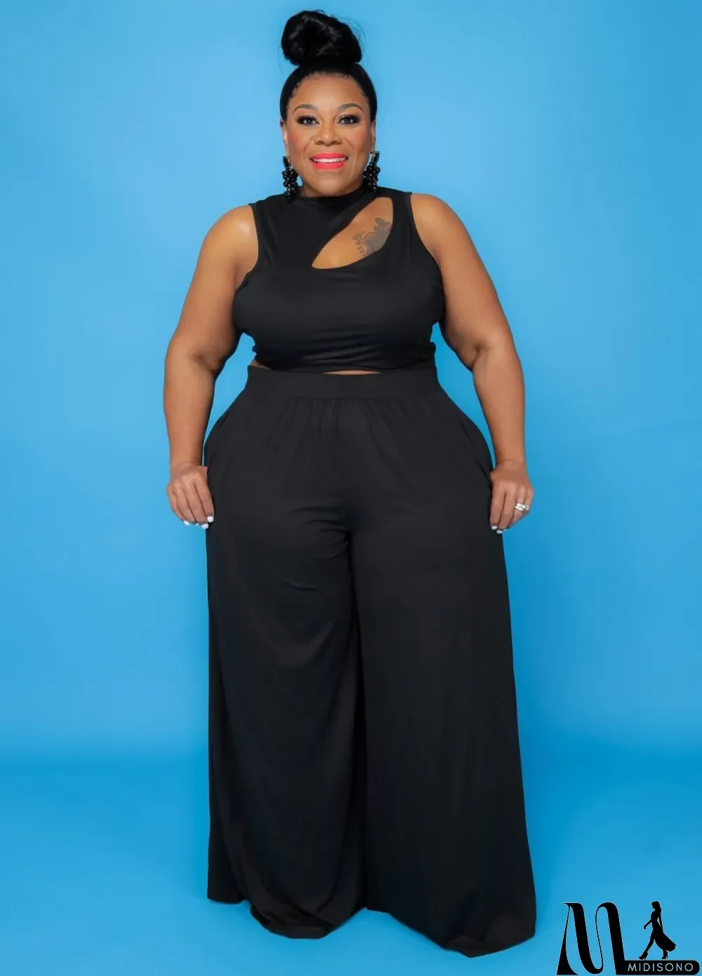 MidiSono - Summer Black Cut Out Sleeveless Crop Top and Long Skirts Plus Size Two Piece Set