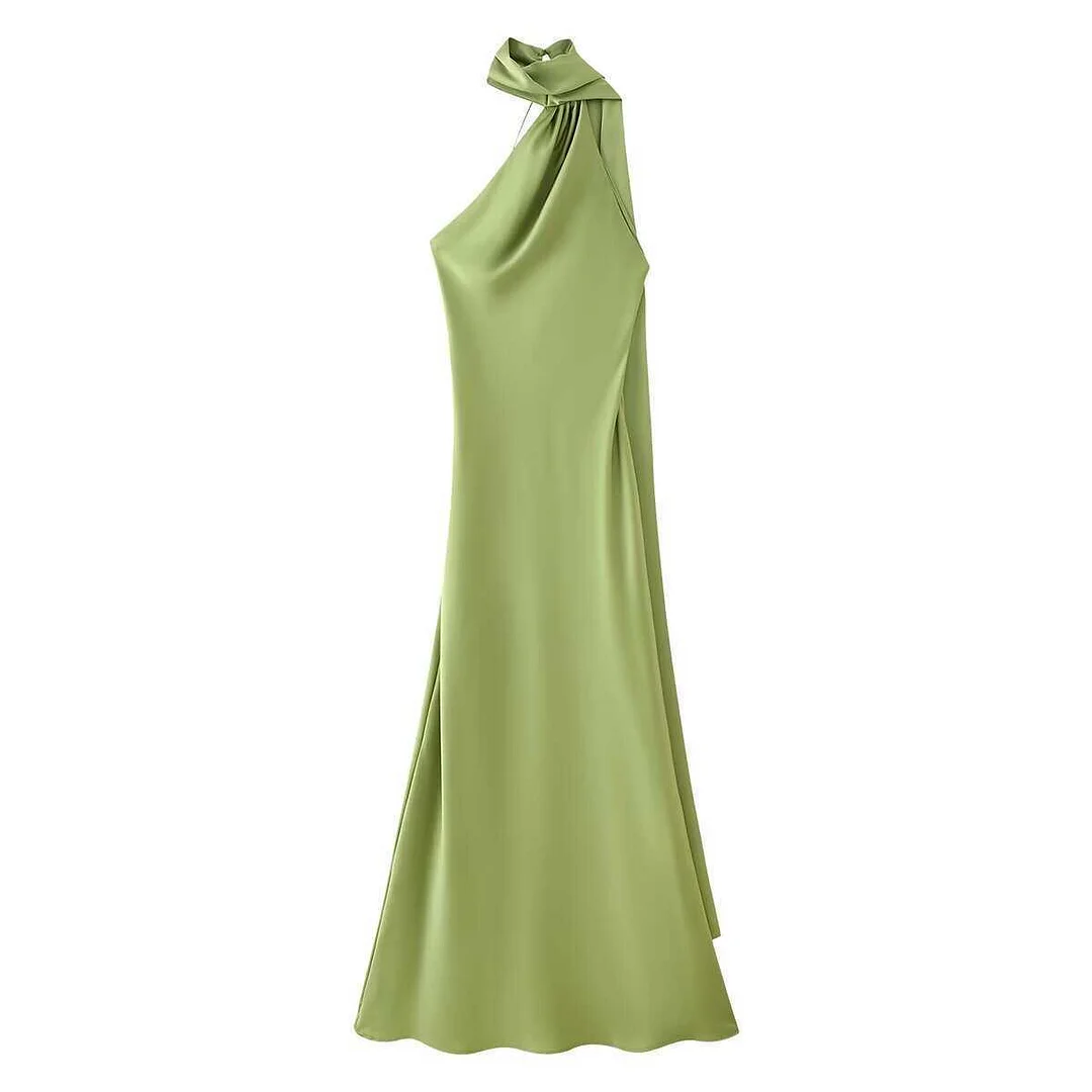 Nigikala Nigikala Homemade Niche New Women's Clothing In Spring And Summer Solid Color Hanging Neck Silk And Siding Texture Dress