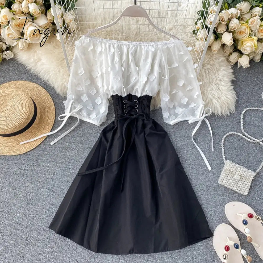Ingvn - Spring Outfits Sexy Off Shoulder Patchwork Summer Short Dress Party Flower Chiffon Slim