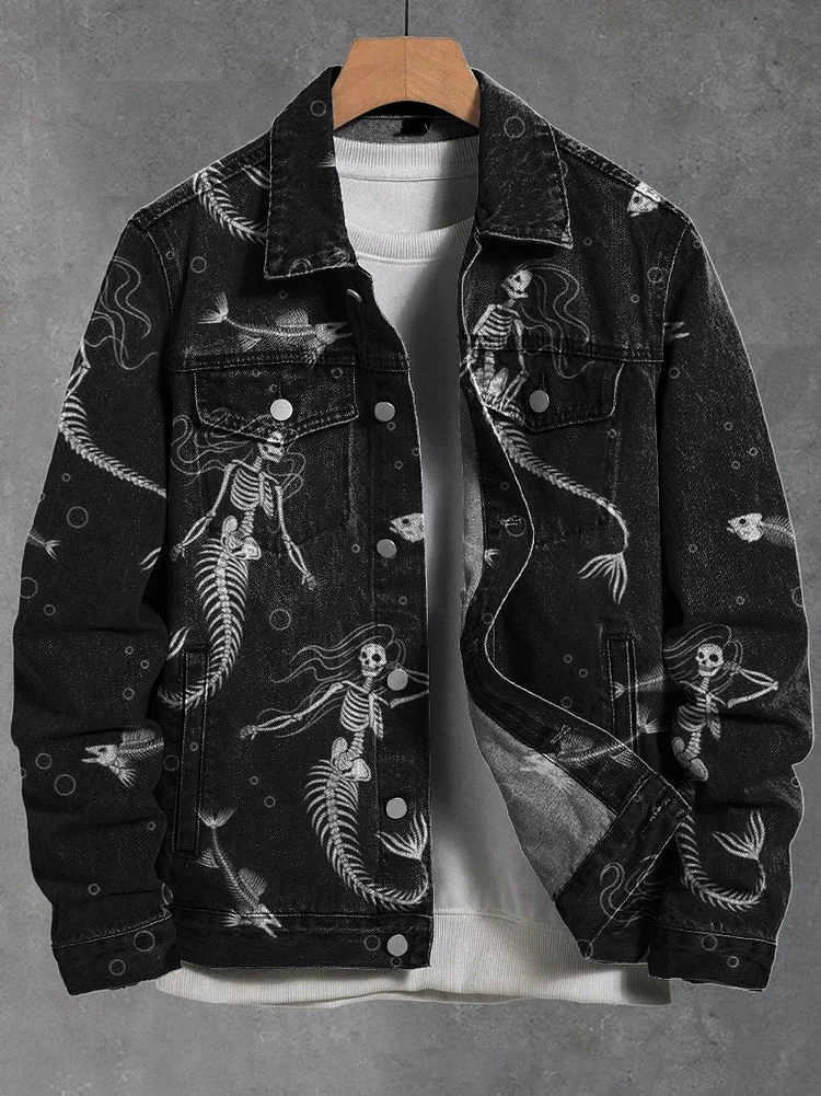 Skeleton Merfolk Vintage Print Casual Denim Jacket