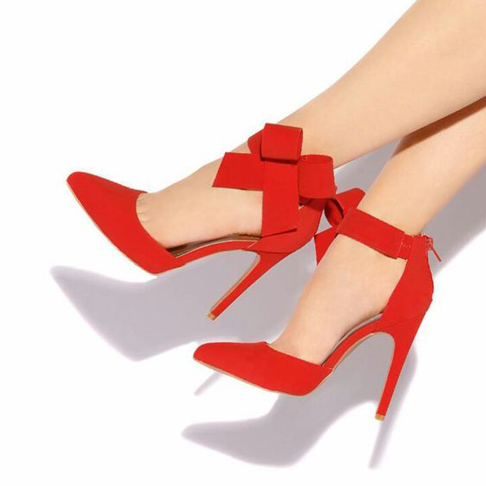 Red Faux Suede Closed Toe 4'' Stiletto Heel Pumps with Bow Nicepairs