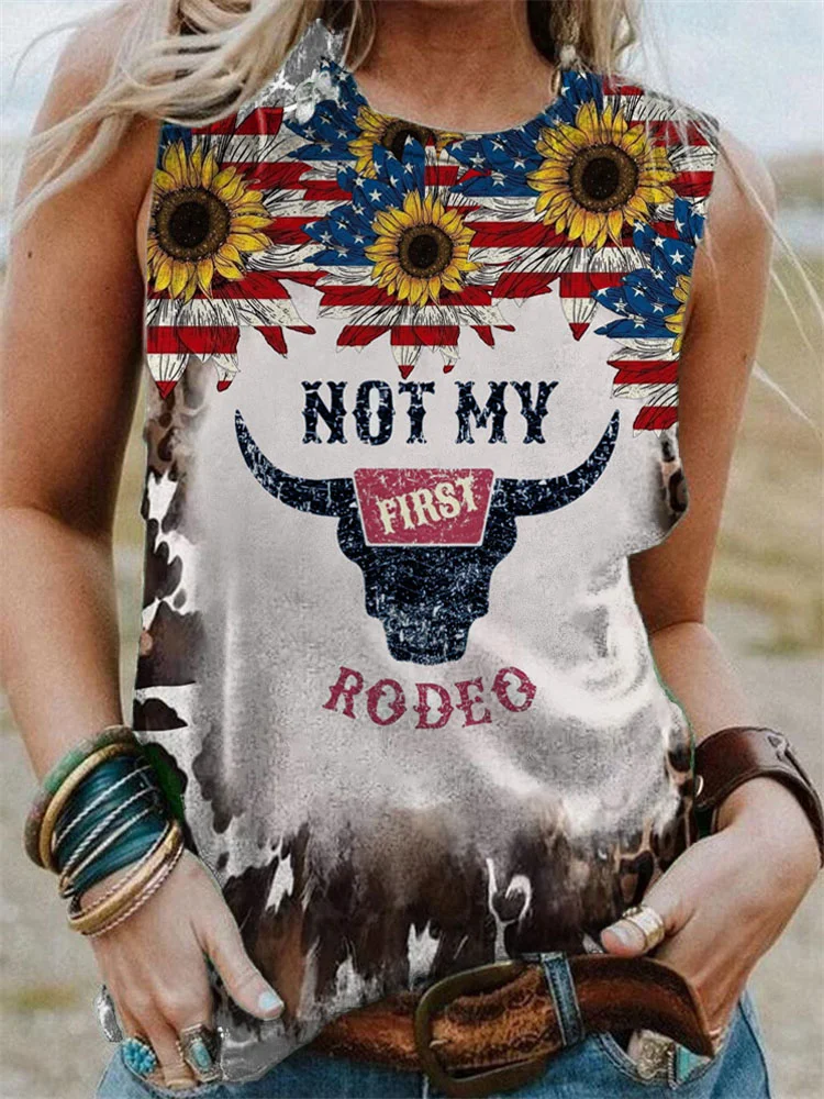 Not My Rodeo Western American Flag Independence Day Sunflower Horns Tank Top