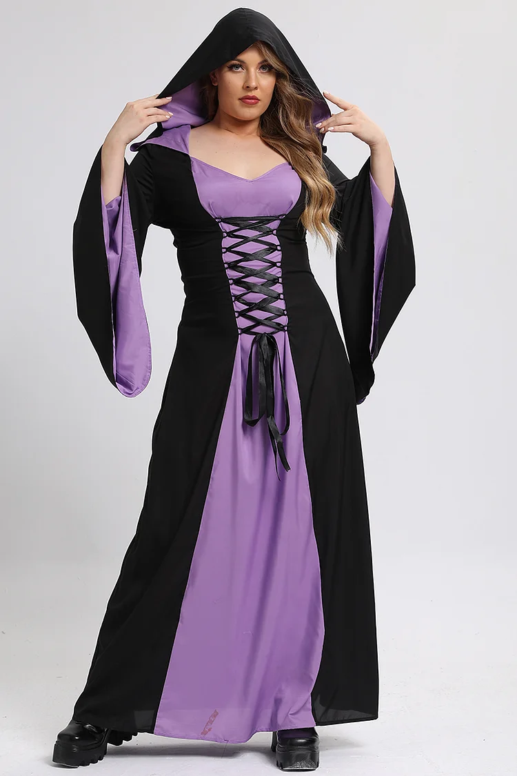 Plus Size Halloween Colorblock Lace Up Flared Sleeves Hooded Mopping Robe (Only Robe) [Pre-Order]
