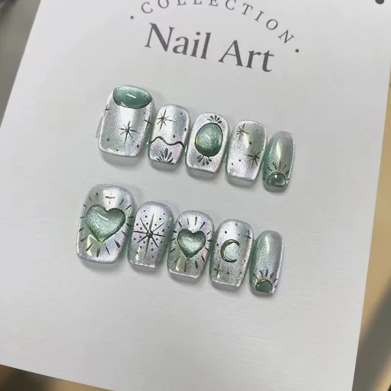 Oldedu 10Pcs Star Cat Eye Love Fake Nails With Flower Design Short Square Head False Nail Wearable Ballet Finished Press on Nails Tips