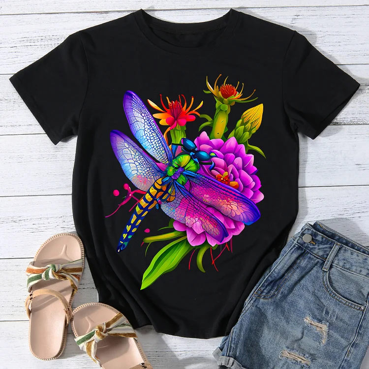 Dragonfly with  Blooming flower Women Round Neck T-shirt - BSTCA0079