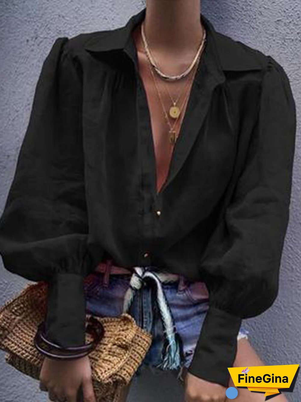 Women's Solid Color Pleated Long Sleeve Shirt