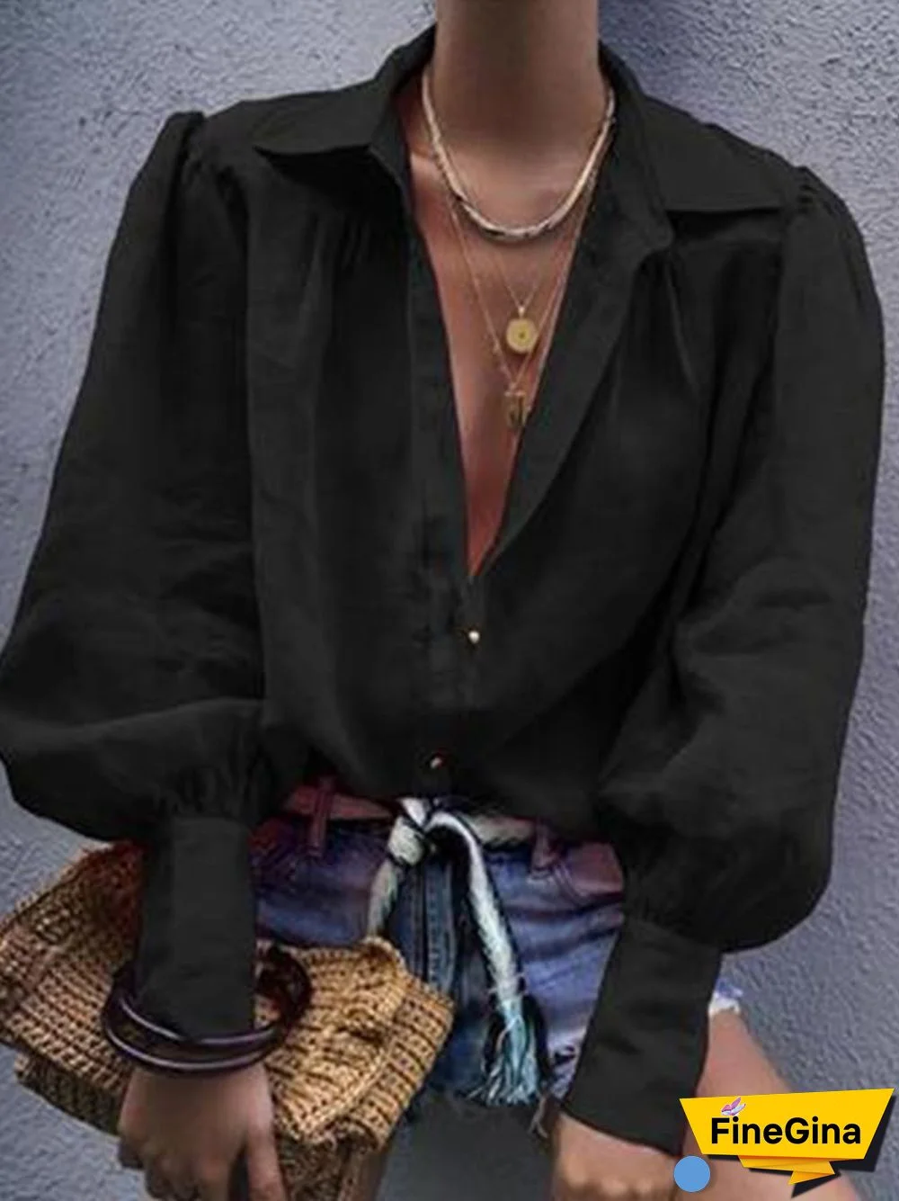 Women's Solid Color Pleated Long Sleeve Shirt