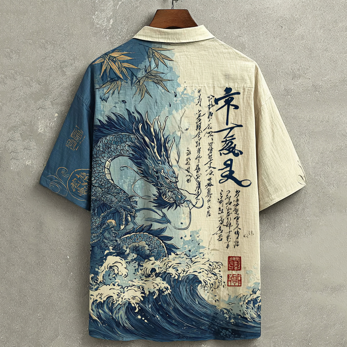 Men's Japanese Dragon Wave Art Print Short Sleeve Shirt elevenforest