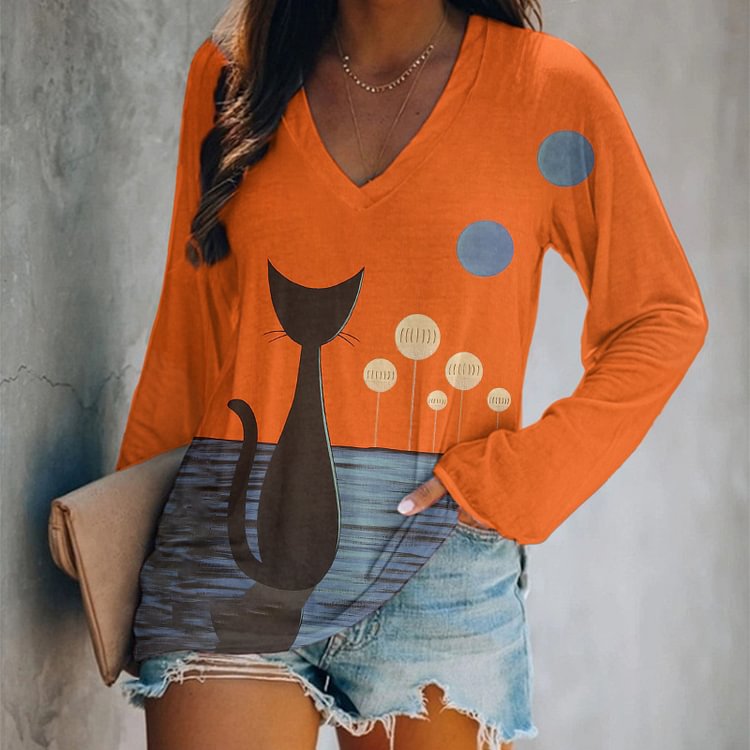 Vefave Casual Cat Print Long Sleeve T-Shirt