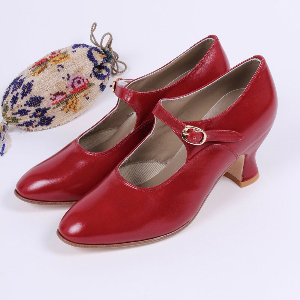Round Toe Spool Heel Buckle Charm Red Mary Jane Shoes for Women Nicepairs