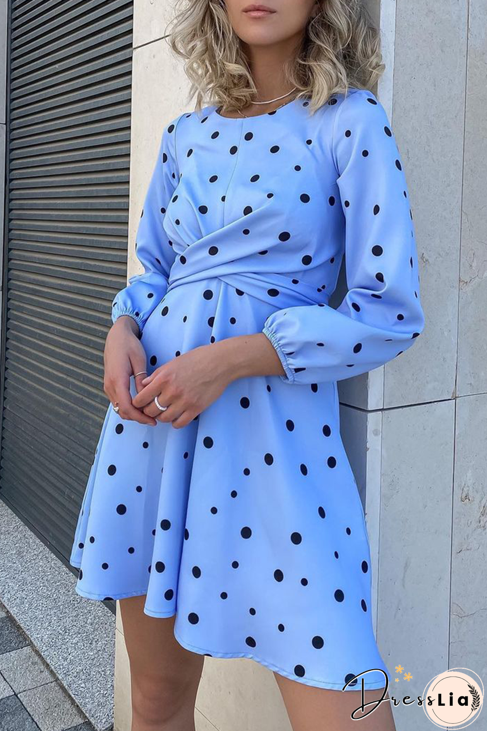 Elegant Polka Dot Split Joint Fold O Neck A Line Dresses