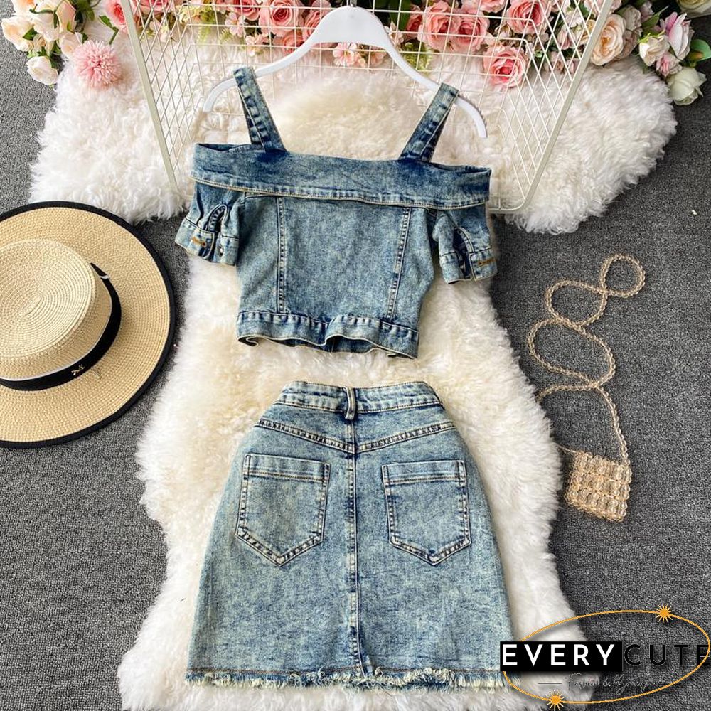 Off Shoulder Denim Two-Piece Set P13585