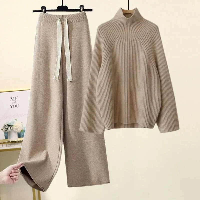 Zingj Winter Warm Knitted Suit Women Long Sleeve Half Turtleneck Knitting Sweater And Wide Leg Pants Sets Outer Wear Loose Set