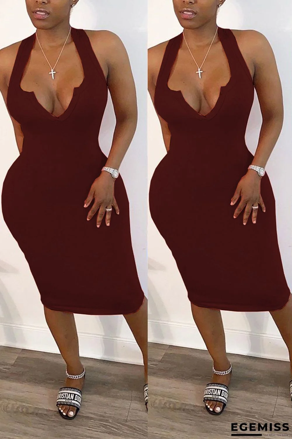 Wine Red Fashion Sexy White Blue Wine Red Off The Shoulder Sleeveless V Neck Pencil Dress Mid-Calf Solid Dresses | EGEMISS