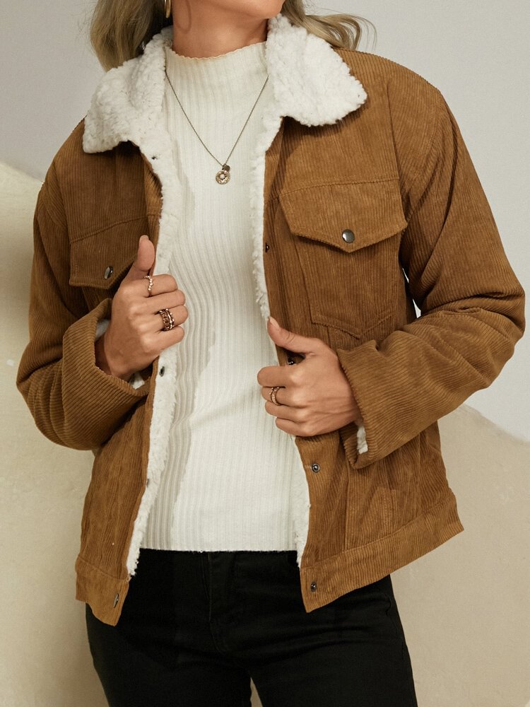 Corduroy Solid Button Pocket Plush Lapel Teddy Jacket