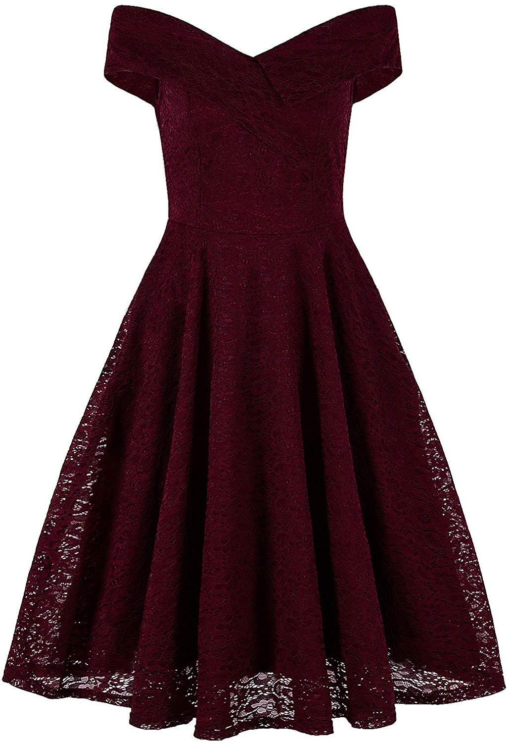 Womens Vintage 1920s Lace Off-The-Shoulder V Neck Rockabilly Swing Evening Cocktail Dress