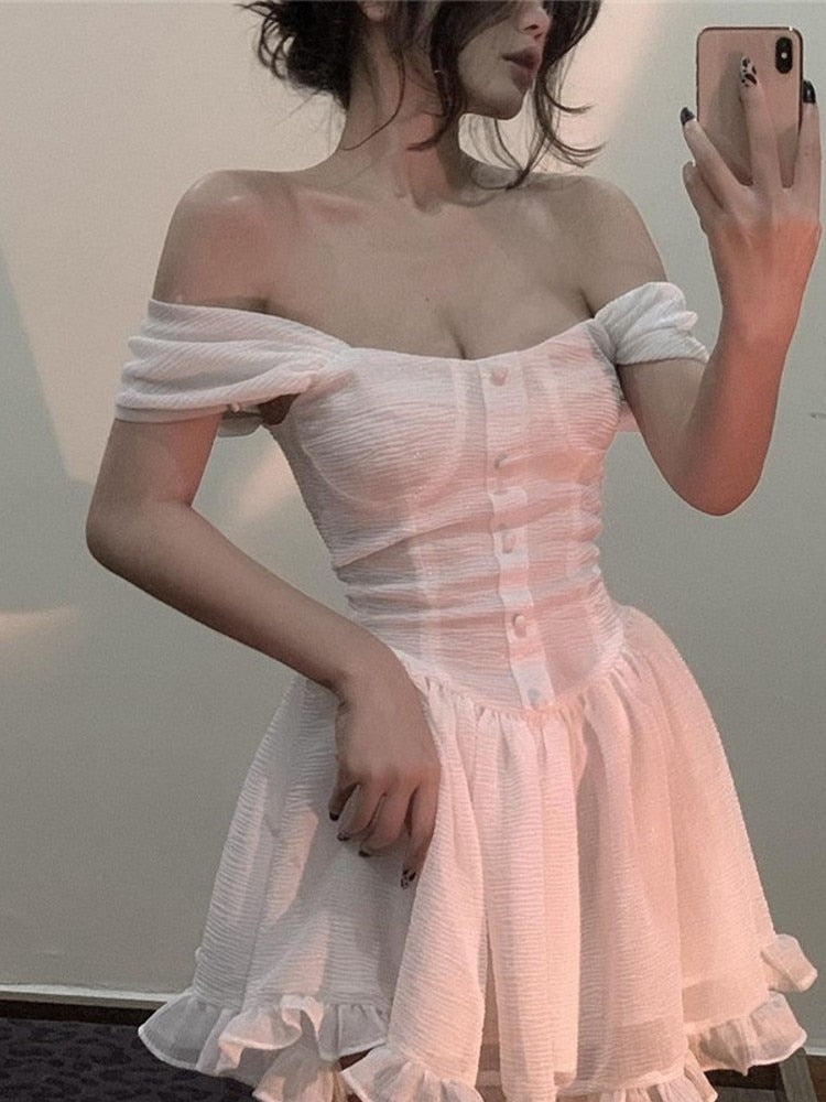 Sexy Summer Short Sleeve Dress Women Casual Ruffle Elegant Fashion Dresses One Word Collar Off Shoulder Party Beach Dress LANFUBEISI