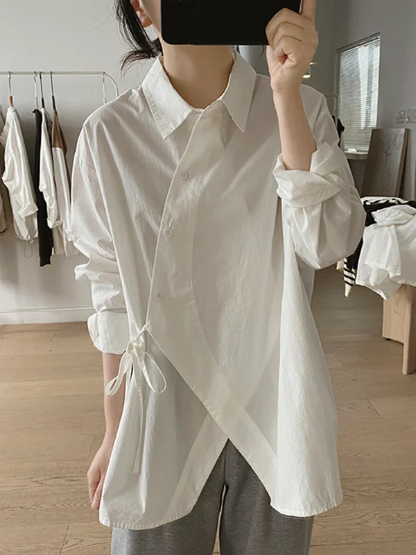 Lace-Up Solid Color Irregular Clipping Long Sleeves Lapel Blouses