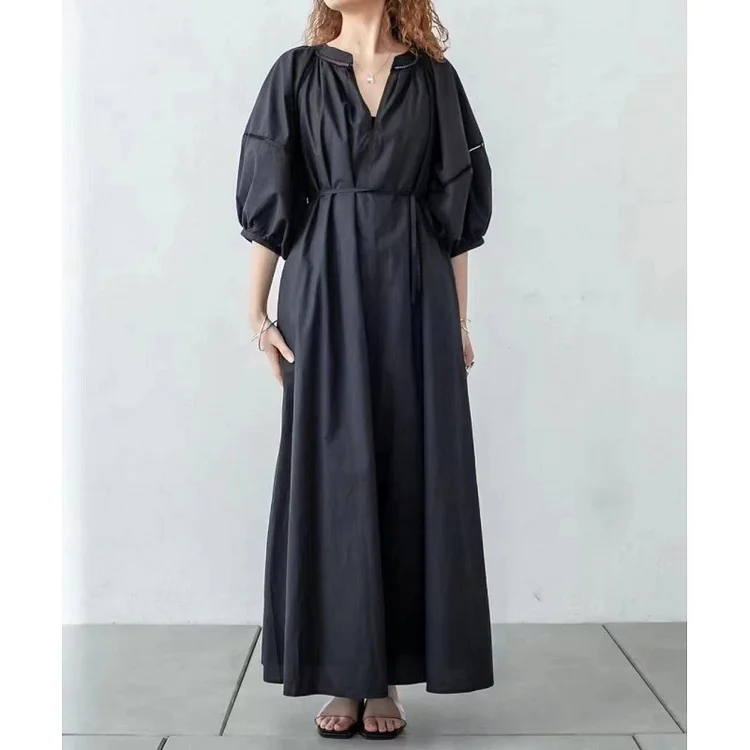 Loose Solid Color Lantern Sleeve Maxi Dress