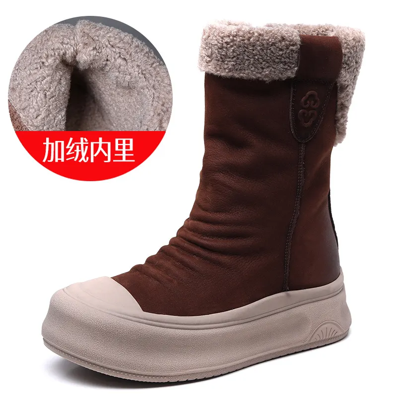 Yyvonne Cowhide Lamb Wool Snow Boots Winter New Maillard Warm And Velvet Boots Thick Bottom Increase