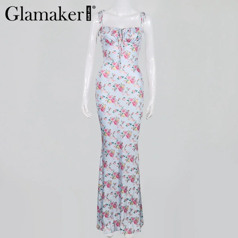 Glamaker Blue floral backless sexy women summer dress Bandage ruched maxi dress for party hliday Female lace up dress 2020 new