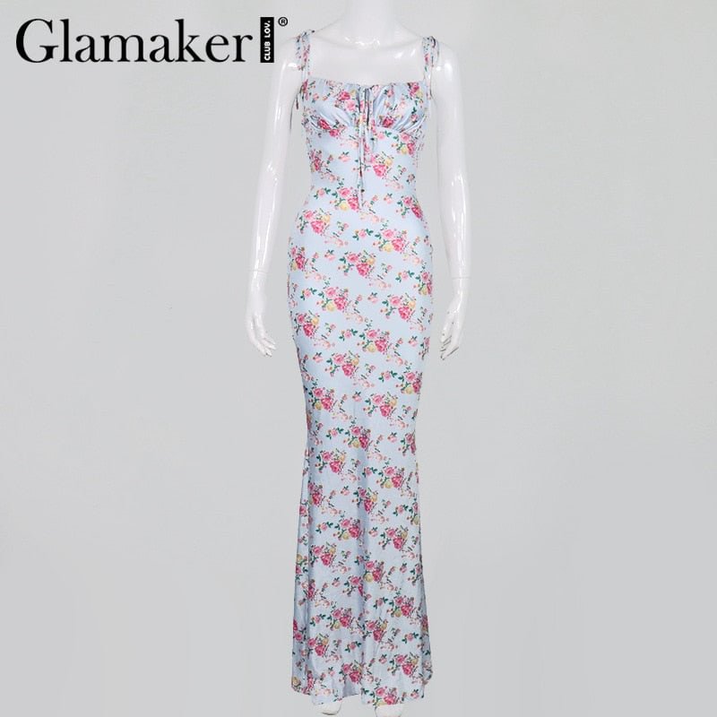 Glamaker Blue floral backless sexy women summer dress Bandage ruched maxi dress for party hliday Female lace up dress 2020 new
