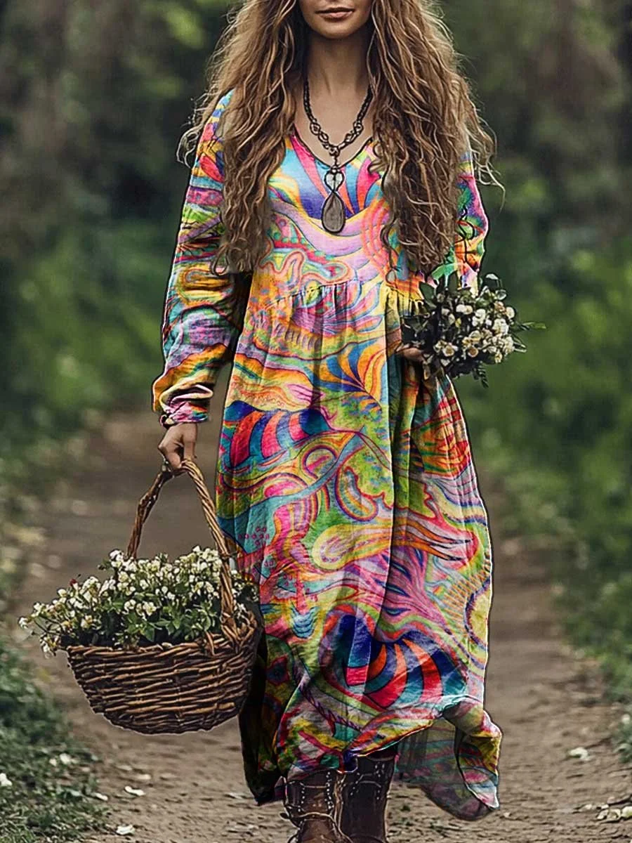 Women's Bright Irregular Ripple Pattern Art Print Pocket Cotton Dress