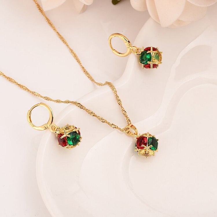 24K gold cz crystal ball Pendant Necklace chain Earrings sets wedding Jewelry