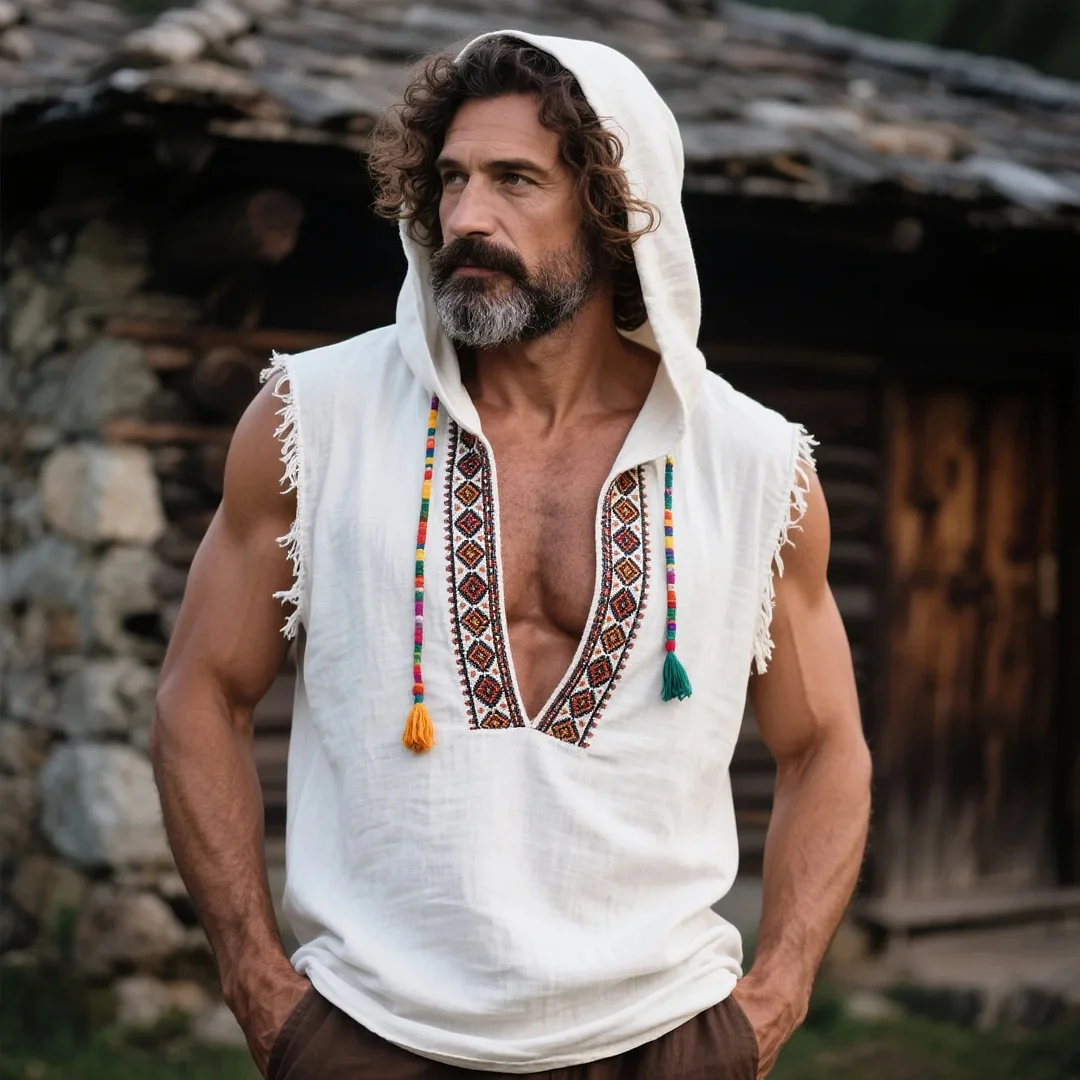  Bohemian Embroidered Sleeveless Hoodie for Men - Perfect for Summer Festivals and Casual Outings-inspireuse