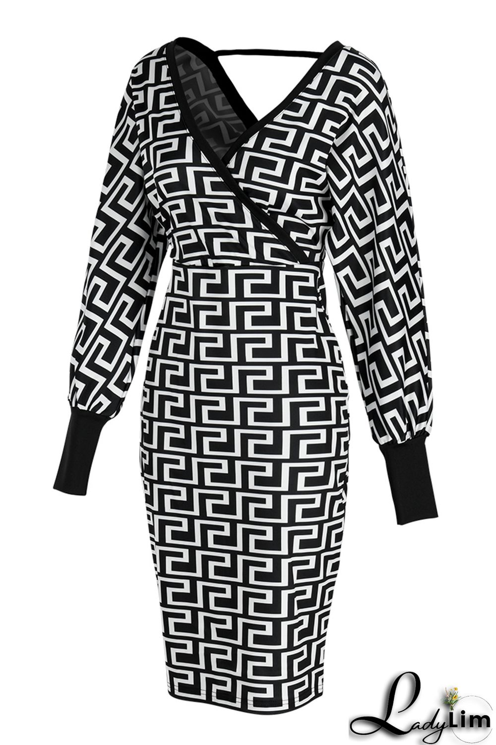 Black White Fashion Casual Print Patchwork V Neck Long Sleeve Dresses