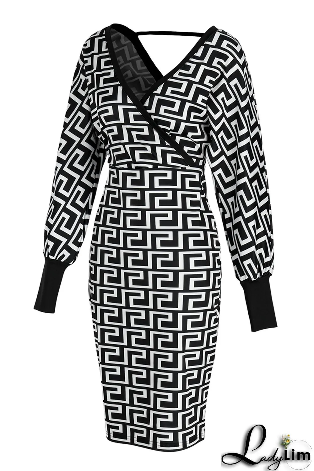 Black White Fashion Casual Print Patchwork V Neck Long Sleeve Dresses