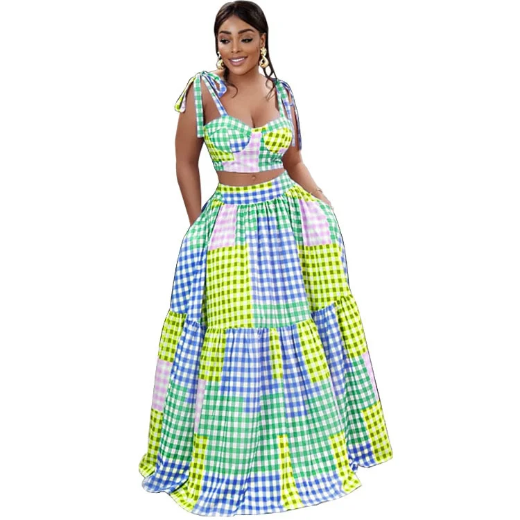 CM.YAYA Women Colorful Plaid Maxi Long Big Swing Skirts Suit and Crop Tops Matching Elegant Two 2 Piece Set Outfits 2022 Summer