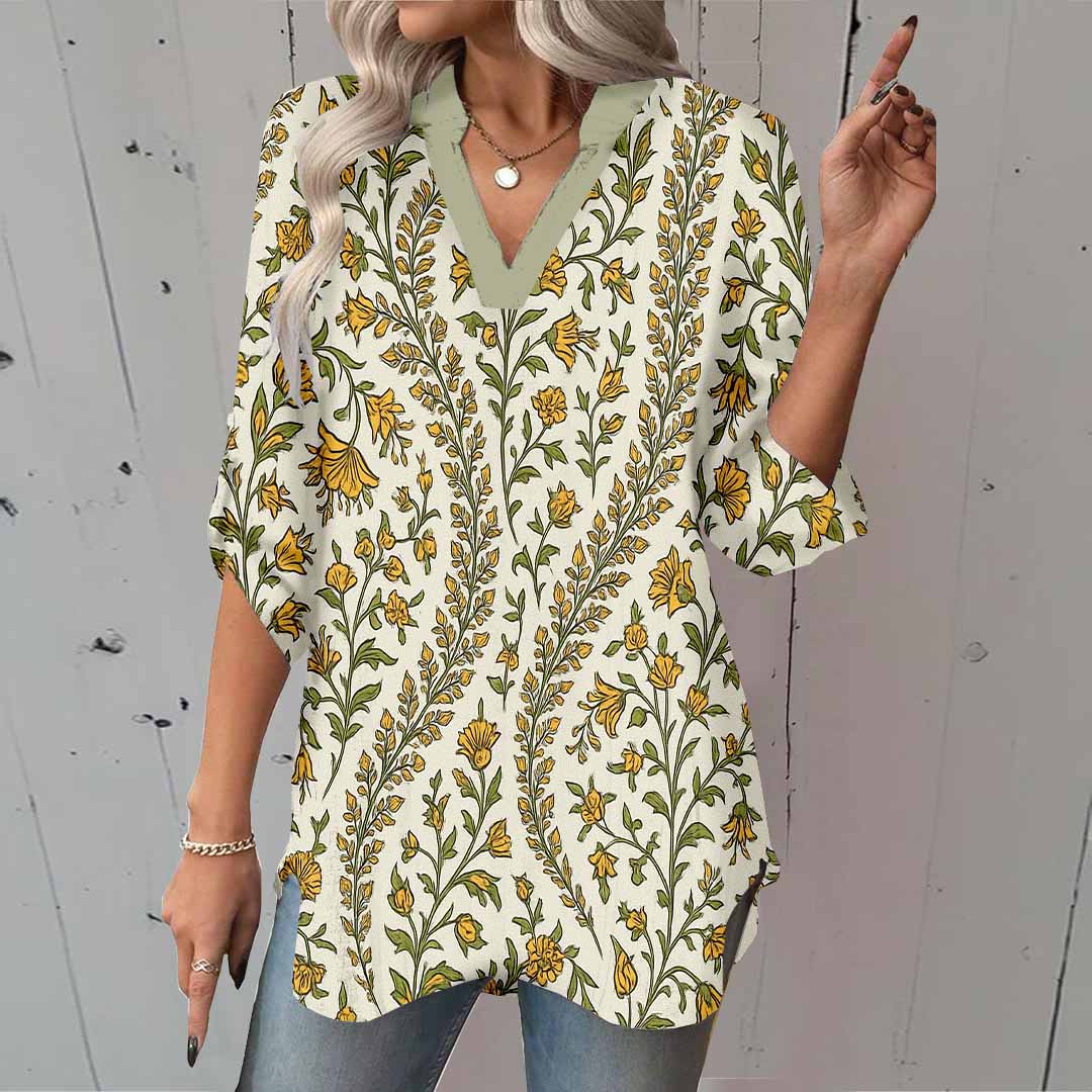 Women Floral, Red, Green DZGA0182 3/4 Sleeve V-neck Printed Graphic Button Tops