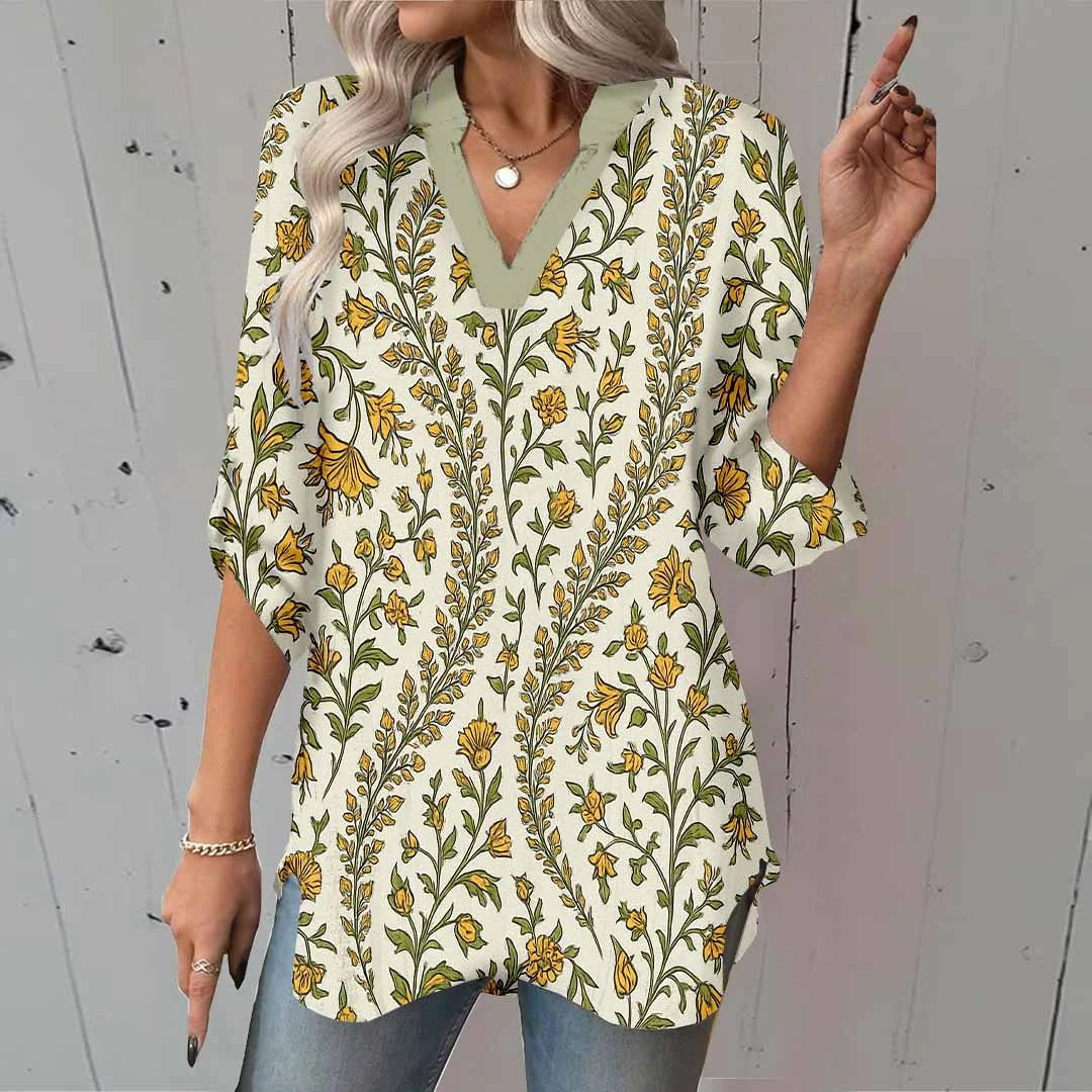 Women Floral, Red, Green DZGA0182 3/4 Sleeve V-neck Printed Graphic Button Tops