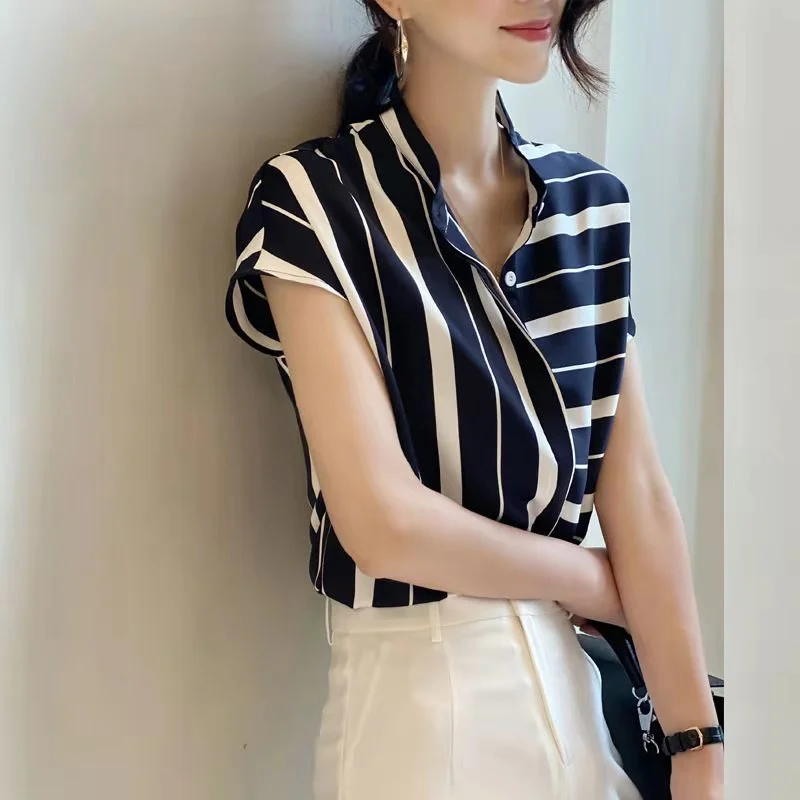 Summer Women Casual Striped Shirt Short Sleeve  Office Lady Commuting Chiffon Shirt