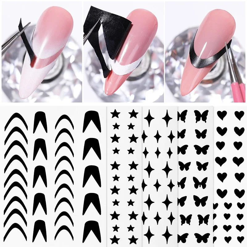 1Pc Black White French 3D Nail Sticker Hollow Painting Nail Trasnfer Sliders Manicure Butterfly Star Heart Pattern Nail Decor-Nail Inspo