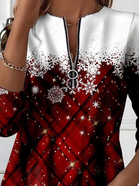 Women Long Sleeve Scoop Neck Snowflake Printed Graphic Zipper Tops