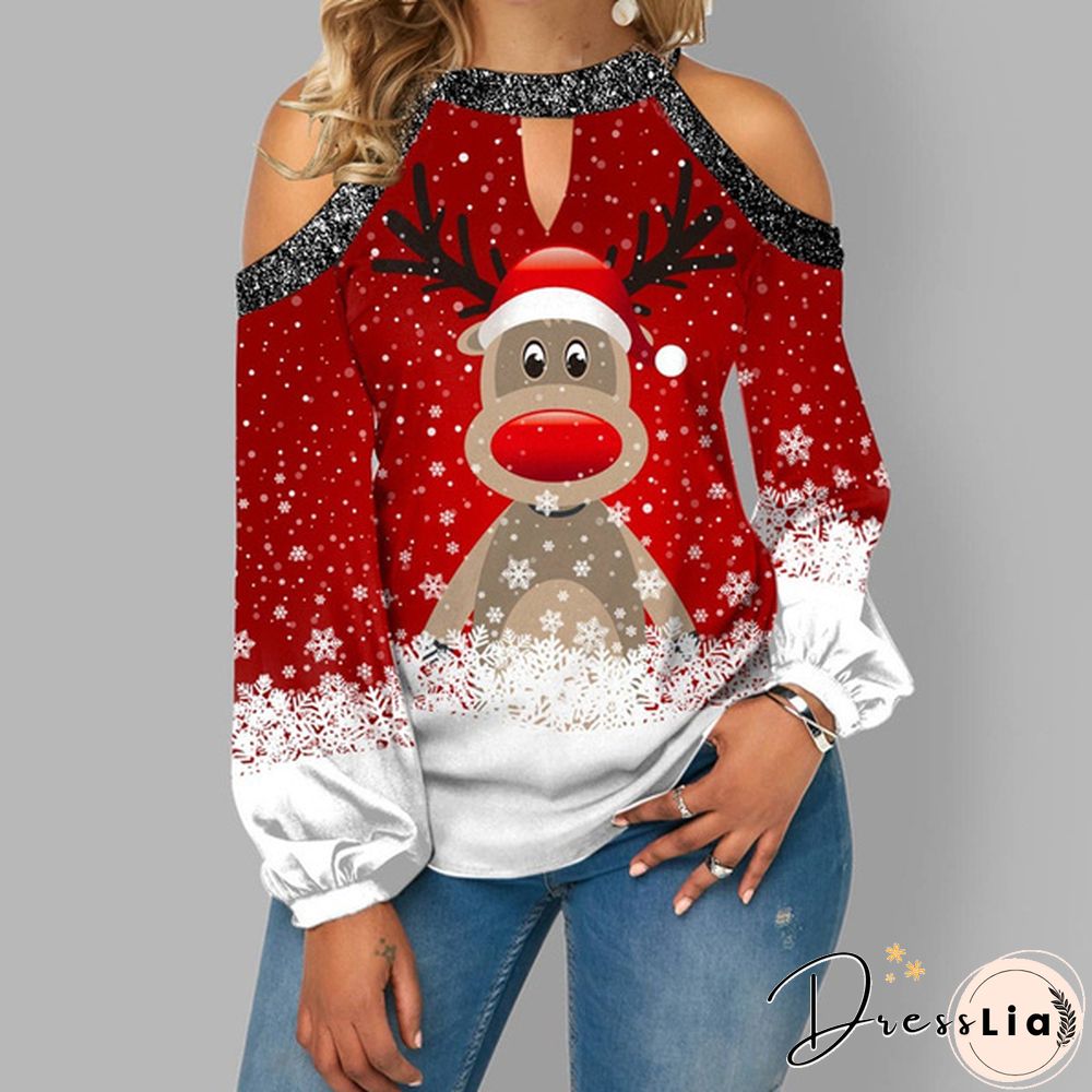 Spring and Early Autumn New Fashion Womens Christmas Printed Long Sleeve V-neck Off