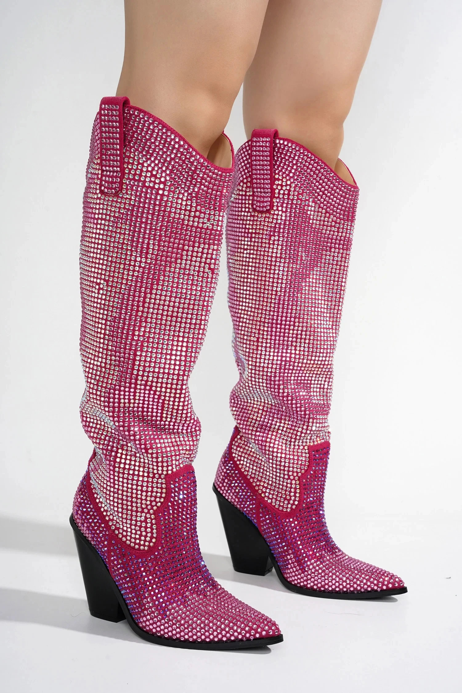 Womens Stacked Cowboy Boots Rhinestone Glitter Shoes Bling Silver Crystal Knee High Chunky Boots