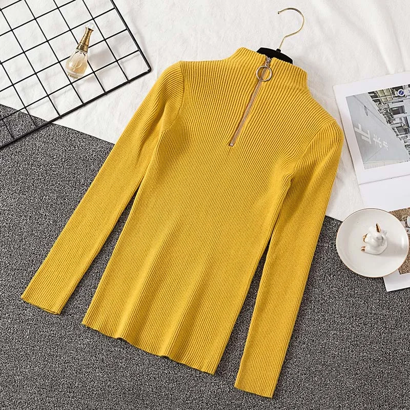 Pullover Women 2020 Fashion Zipper Turtleneck Knitted Sweater Casual Ribbed Knit Winter Tops Woman Sweaters Pullovers Knitwear