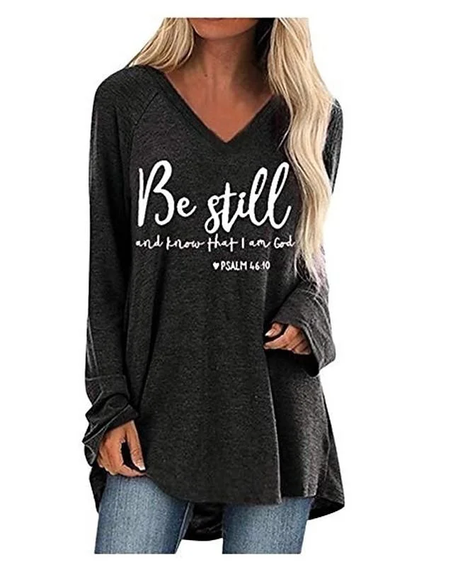 Women's Plus Size T-Shirt Letter Long Sleeve V Neck Tops Loose Cotton Basic Top Black Wine Camel