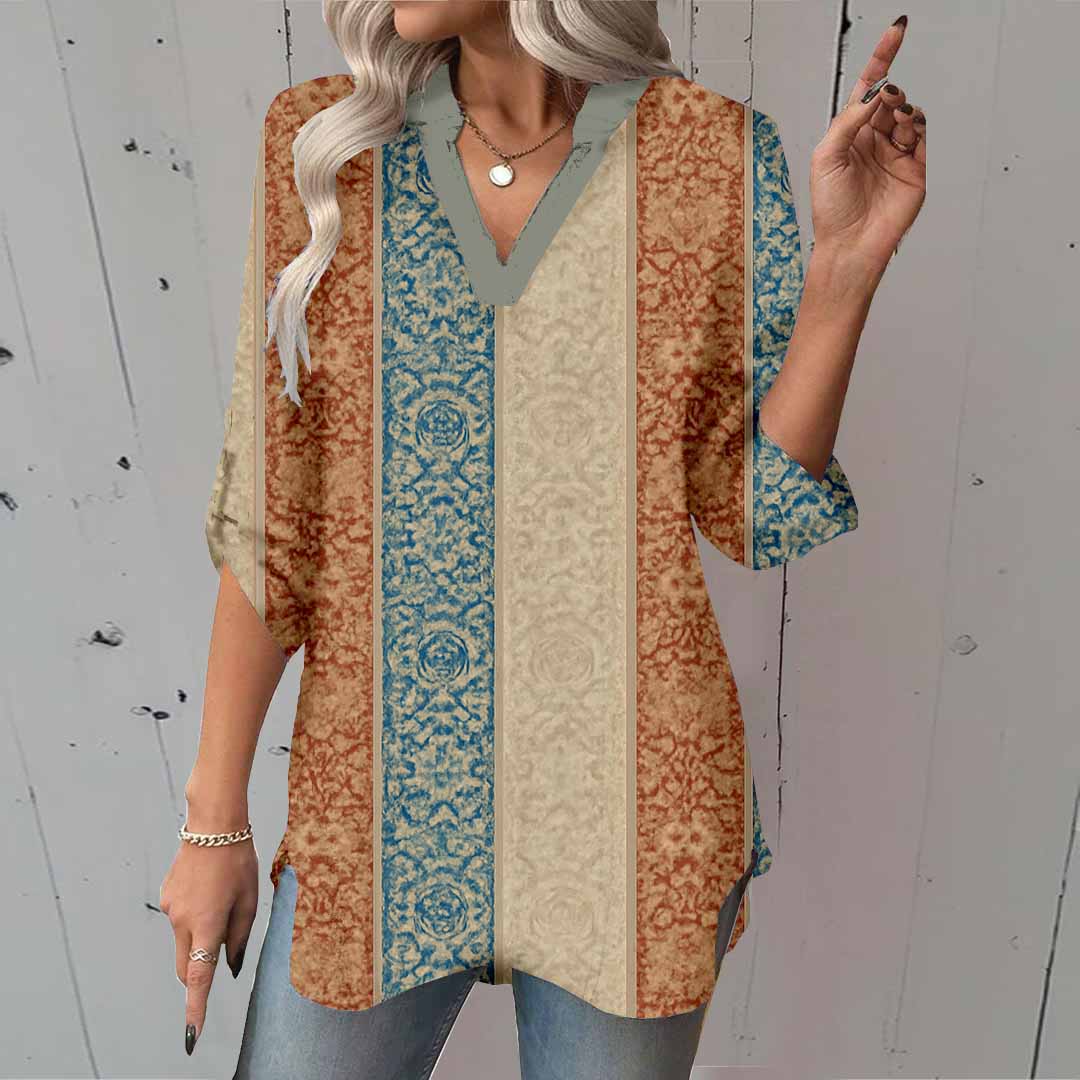 Women Floral, Blue, Patchwork DZGA0036 3/4 Sleeve V-neck Printed Graphic Button Tops