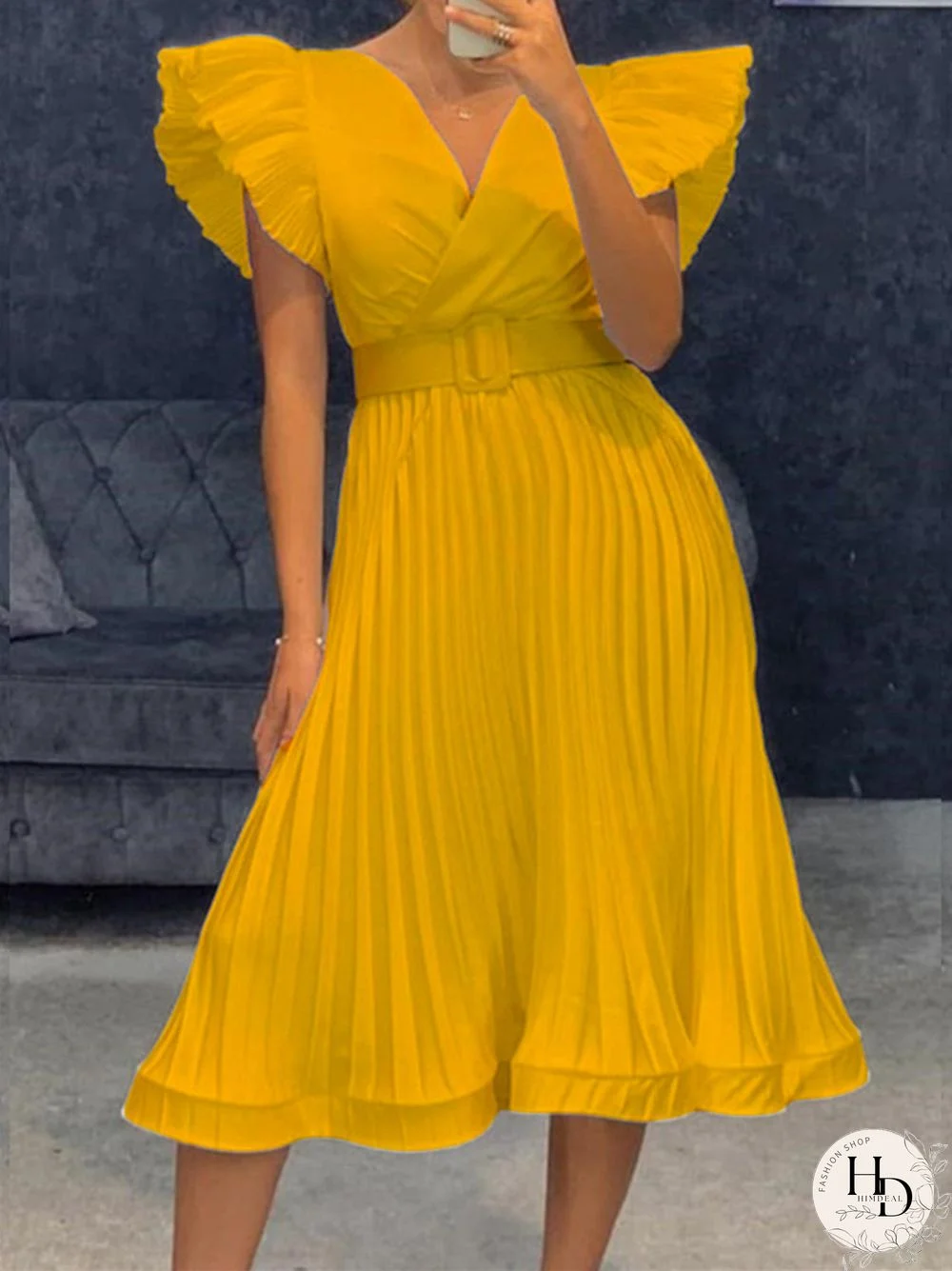 Women's Sexy V-neck Fly-sleeve Pleated Dress White Dresses