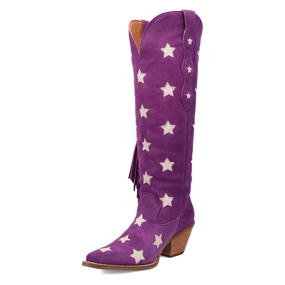 Purple Snip Toe Chunky Heel Beige Star Pattern Knee-High Cowgirl Boots Nicepairs