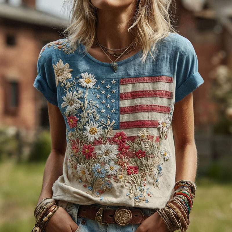 Comstylish Women's Retro Independence Day Anniversary Flag Floral Cotton Linen Crew Neck Color Block T-shirt