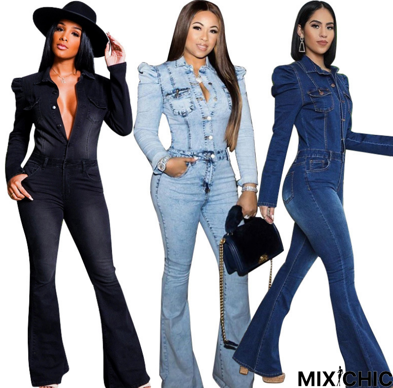 Winter Women Skinny Full Sleeve Denim Flare Jeans Jumpsuit