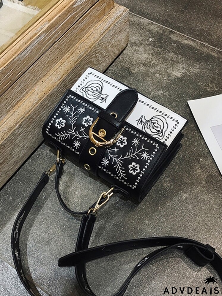 Buckle Decor Floral Embroidered Bag