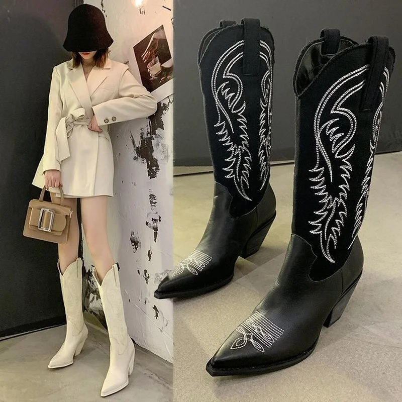 white cowboy boots 2021 autumn and winter long but knee western boots Plus Size Embroidered Vintage Roman Western Cowboy Boots